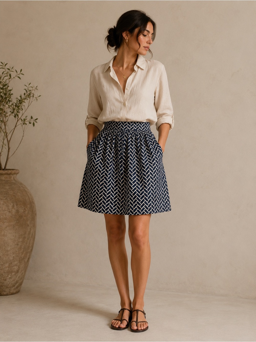 Tibi Women's A-Line Mini Skirt with Pockets – White & Black Woven Pattern Size 2